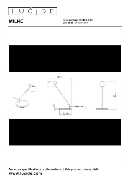 Lucide MILNE - Lampe de bureau - LED Dim. - 1x8W 2700K - Noir - technique